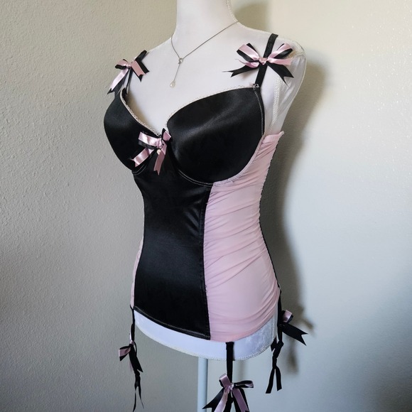 PLAYBOY Other - Vintage Playboy Hot Topic Pink Black Satin Ruched Garter Bustier 36D